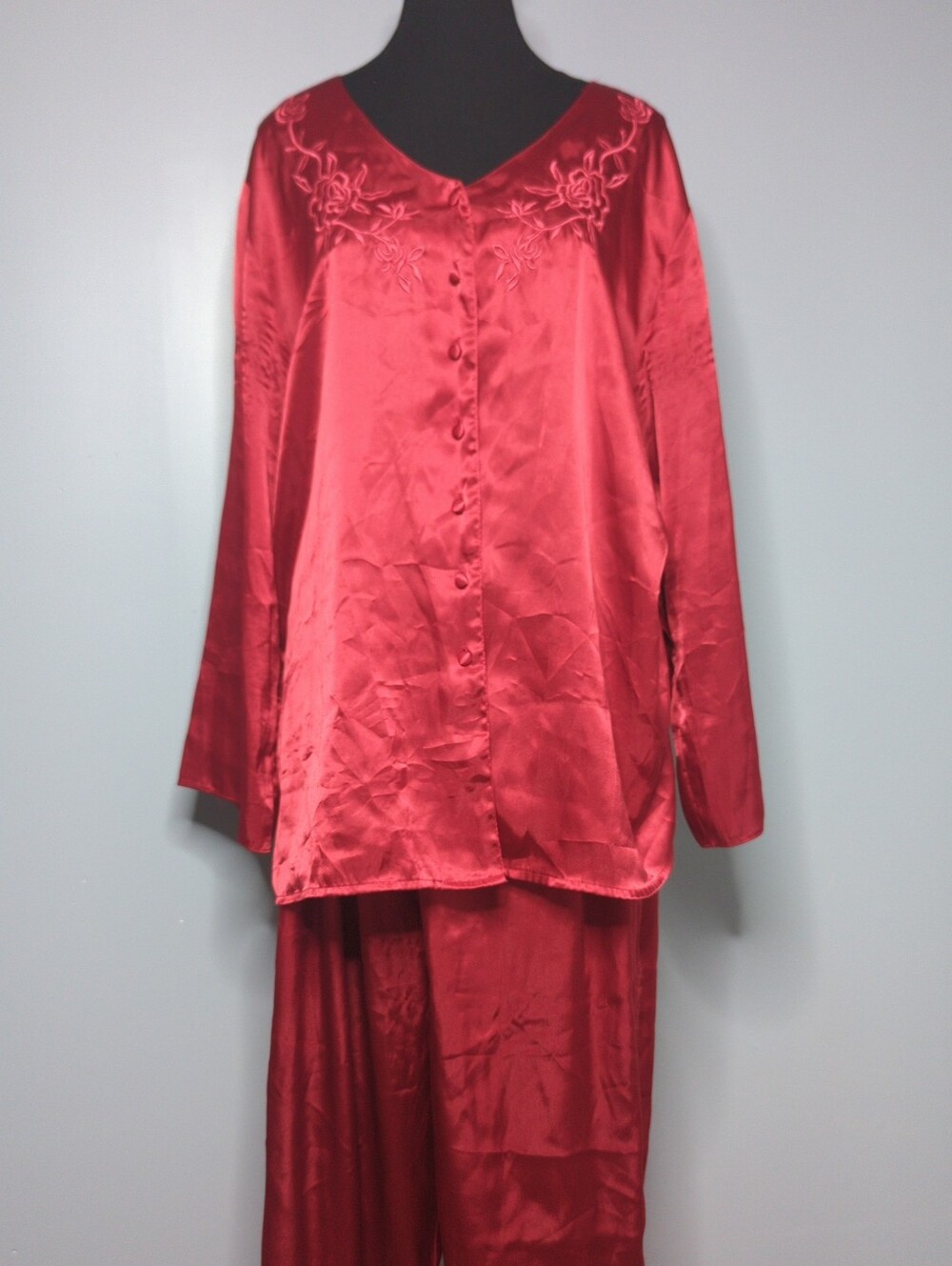 Vintage Inner Most Sears Satin Pajama Set Red Embroidered Loungewear Size L
